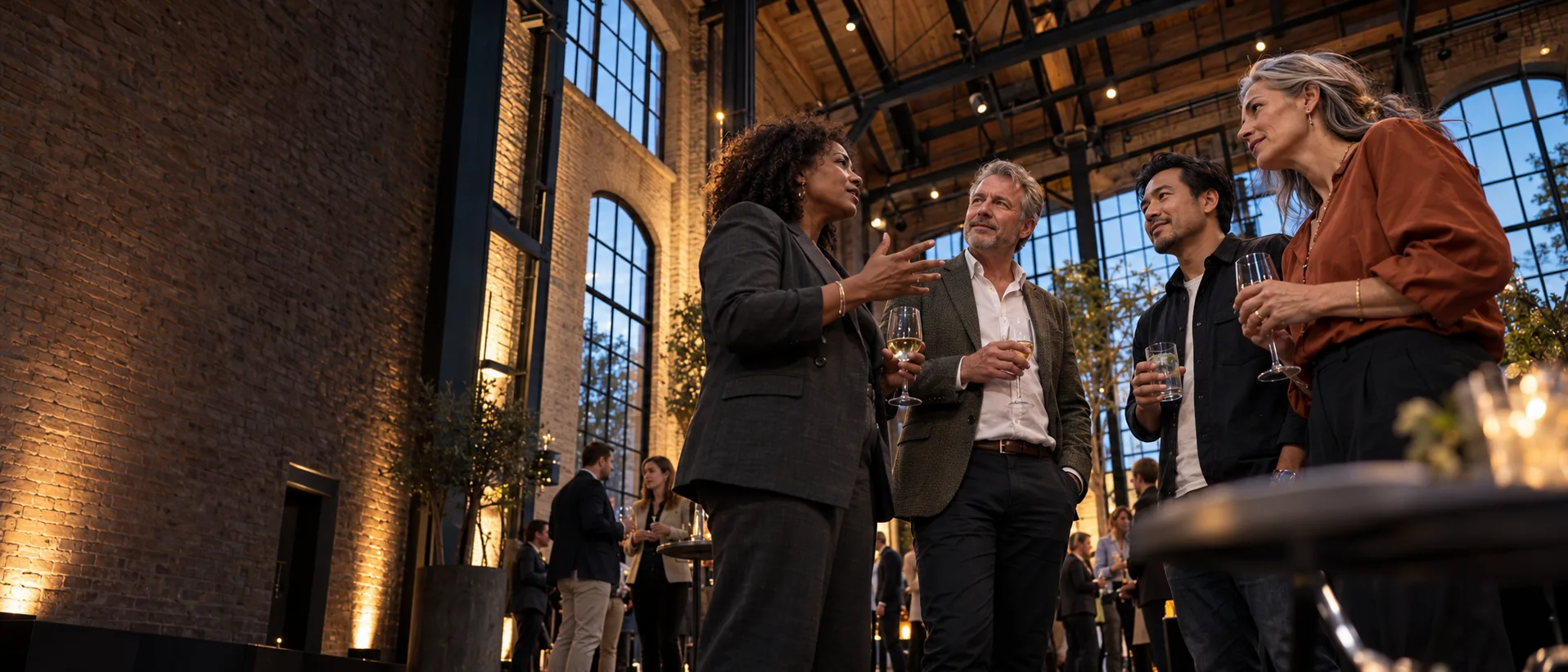Vier ondernemers in gesprek tijdens een INTO business avond in een industriële hal