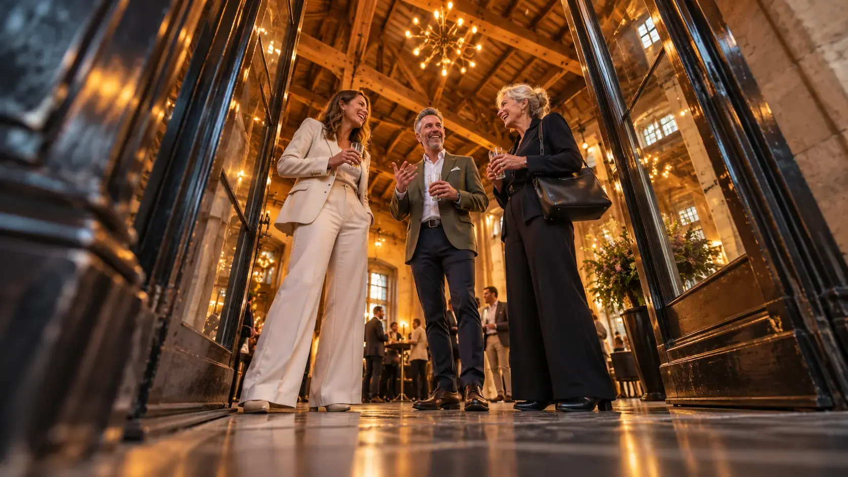 Drie ondernemers komen binnen, van onderaf gezien