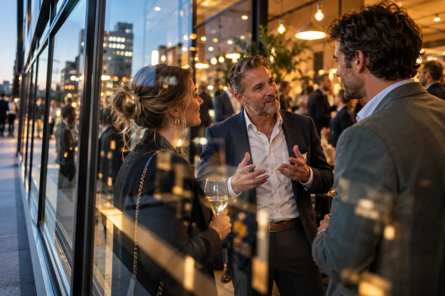 Twee ondernemers in gesprek bij avondlicht